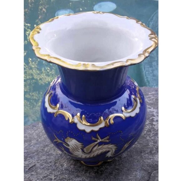 Cobalt Blue Gold Gilded Porcelain Vase W/Hand Painted Dragons RW Rudolf Wachter - Picture 3 of 11